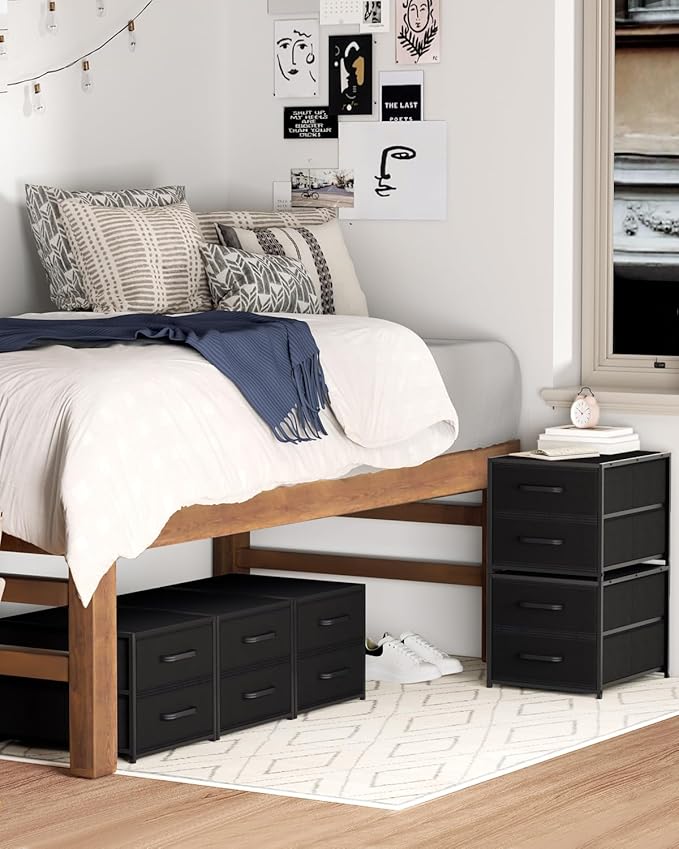 Stackable Storage Drawers - 2 Tier Closet Drawers, Closet Organizer with Metal Handles, Night Stand with Collapsible Bins, Fabric Dresser for Bedroom, Dorm, Office, Black, 1 Pack