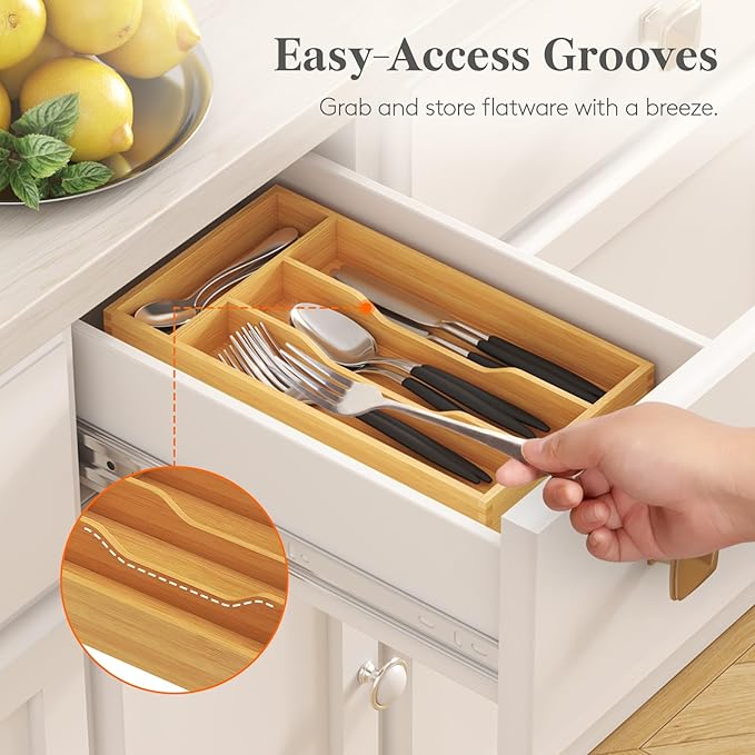 Lifewit Silverware Drawer Organizer, Utensil Tray for Kitchen, 4 Slot Flatware and Cutlery Holder, Storage for Spoons Forks Knives, Natural