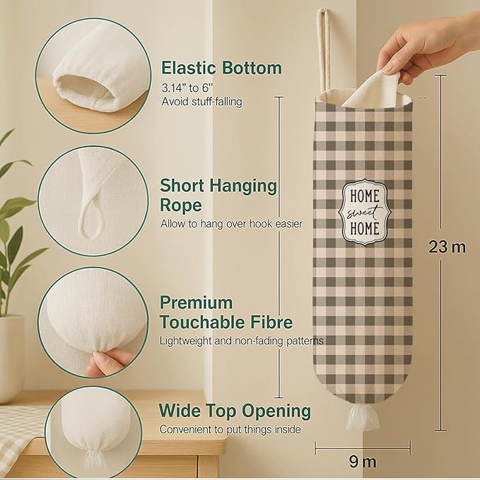 Plastic Bag Holder, Home Sweet Home Plastic Bag Holder for Kitchen Essentials, Brown Grid Bags Holders for Plastics Bags Groceries Store, Kitchen Gifts to Women Family Friends