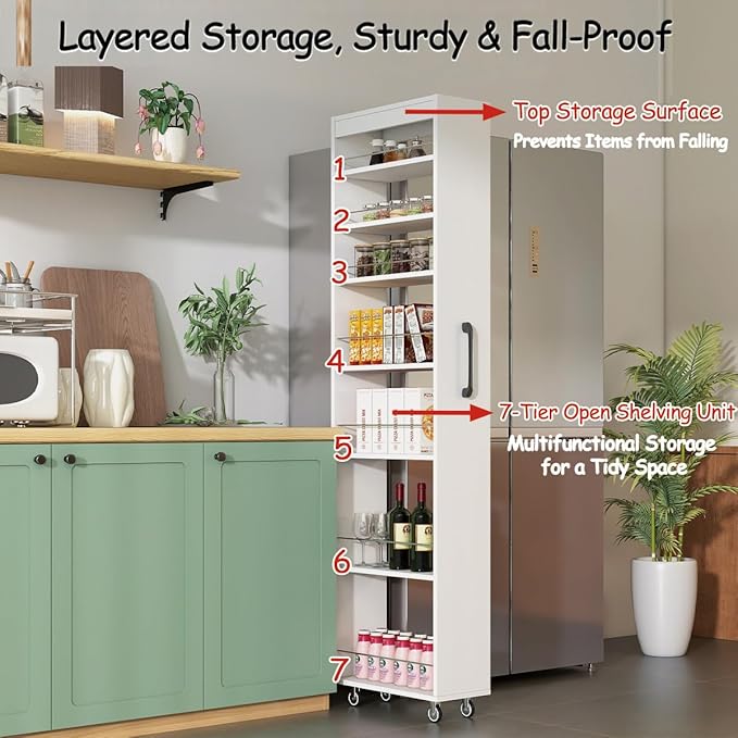 Tall 7-Tier Slim Pull-Out Storage Cart, Narrow Rolling Storage Cabinet with Black Handle for Next to Fridge, Multi-Functional Kitchen Cart, Single-sided open shelf on Wheels for Kitchen (White)