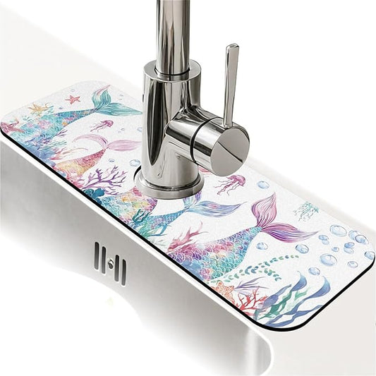 Kitchen Sink Splash Guard，Mermaid tails Faucet Mat Sink Gadgets-Super Absorbent Fast Drying Mat Drip Catcher for Kitchen, Bathroom,Sink Mat, Dish Drying Mat, Bathroom(15" X 5.5" )