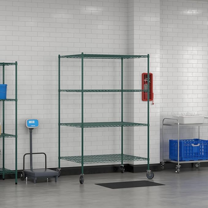 Commercial NSF Listed Green Epoxy Mobile Wire Shelving Kit 36" x 48" x 80", with 4 Shelves Perfect for Warehouse, Walk-in Refrigerator, Freezer, Grocery Store, Restaurant, Dishroom