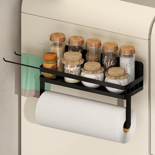 YIGII Magnet Paper Towel Holder for Refrigerator, 2-in-1 Black Spice Rack Organizer Strong Magnets, Kitchen Roll Holder with Storage Shelf and 2 Hooks, Heavy Duty