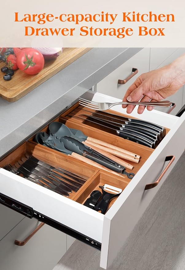 Carbonized Bamboo Kitchen Silverwar Drawer Organizer,14.2 inch Length Natural Utensil Flatware Organizers Tray Storage for Spoons Forks & Knives