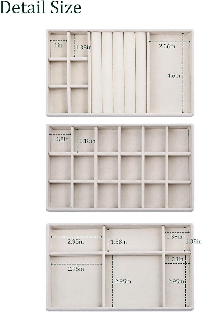 Stackable Jewelry Organizer Trays with Removable Dividers, 6-Tray Beige Jewelry Drawer Organizer Set for Earrings, Necklaces, Rings & Bracelets Gift for Her