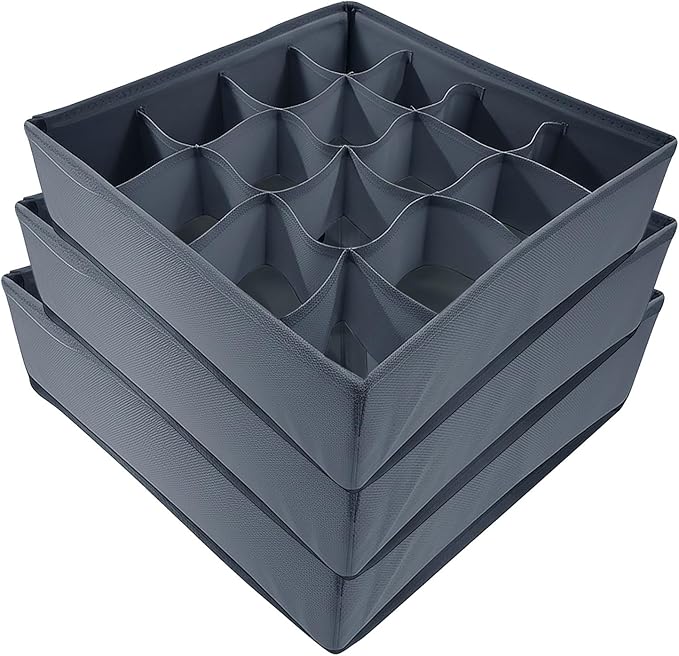 3 Pack Sock Underwear Organizer Dividers, Collapsible & Foldable Cabinet Organizer Storage Boxes, 64-Cell Fabric Drawer for Socks, Underwear, Ties (16+24+24 Cell, Gray)