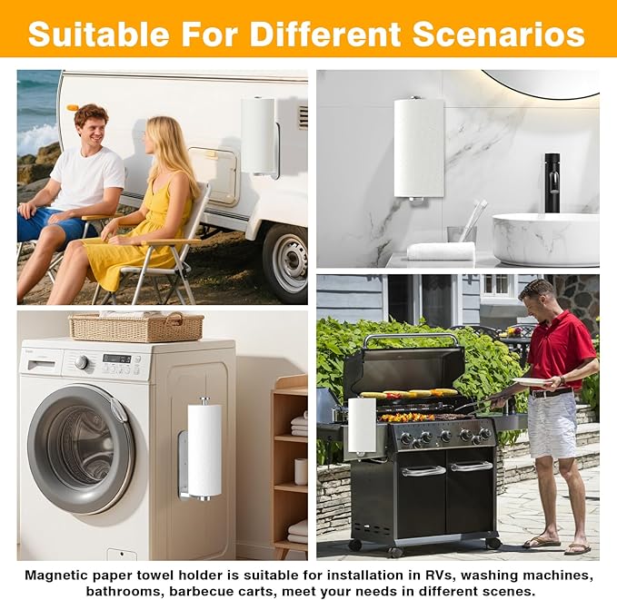 Magnetic Paper Towel Holder for Fridge -No Drill, One Hand Tear RV Paper Towel Holder with Ratchet Mechanism, Self-Adhesive & Wall Mount for Refrigerator, Kitchen, Grill, Garage (Silver)