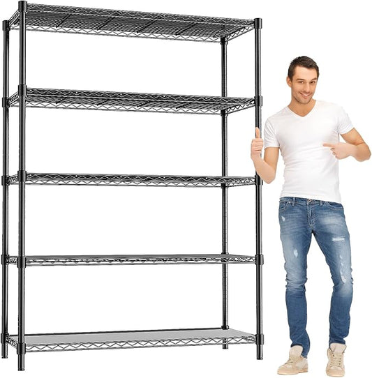 48" W Storage Shelves 1875LBS Metal Shelving, 5-Tier Adjustable Wire Shelving Unit with Liners, Heavy Duty Garage Shelving Steel Rack for Commercial Pantry, 48" W x 18" D x 72" H, Black