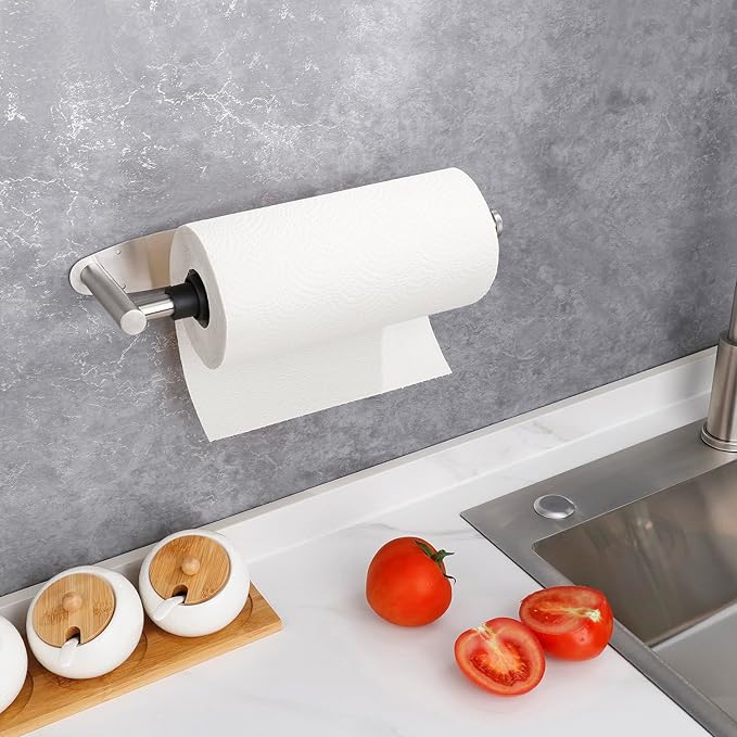 Single Hand Operable Paper Towel Holder Under Cabinet with Damping Effect, Self Adhesive Paper Towel Roll Holder Wall Mounted for Kitchen Bathroom, SUS304 Stainless Steel Brushed Nickel