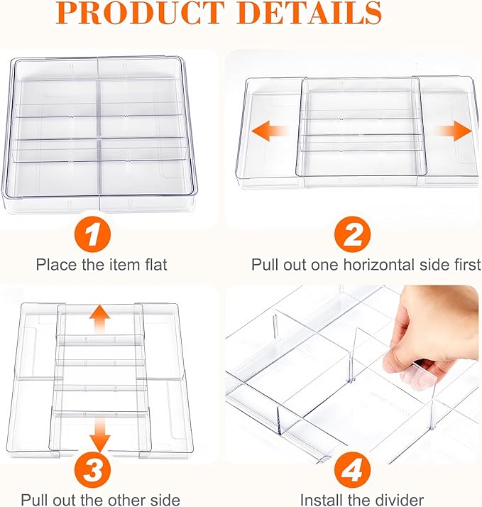 2 Pcs Expandable Acrylic Drawer Organizers 9 Square Grid Adjustable Clear Drawer Dividers Organizer for Desk, Makeup, Jewelry, Office, Kitchen Supplies (Large)