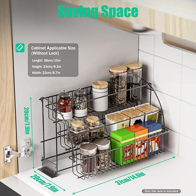 3-Tier Pull Down Spice Rack Organizer, Black Kitchen Shelf for Inside Cabinet, Countertop Storage Rack Space-Saving Organizer for Home Cooks