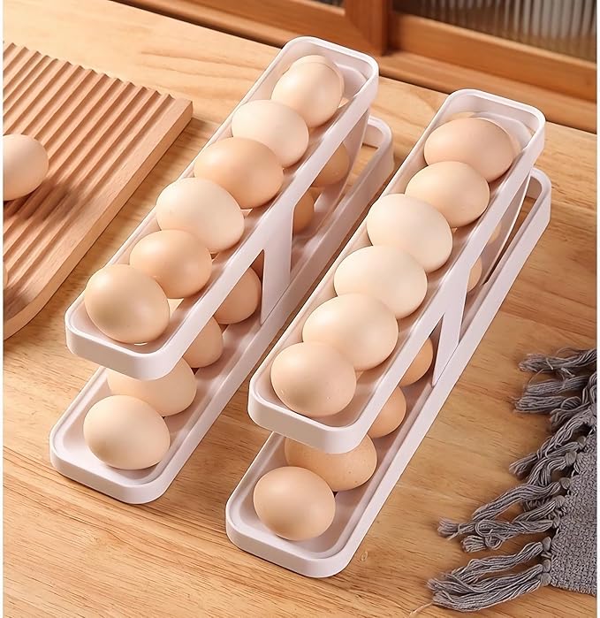 RollDown Egg Dispenser for Refrigerator - 2 Pack Space Saving Egg Holder & Organizer, FIFO Rolling Dispenser Rack for Standard/Large/Jumbo Eggs