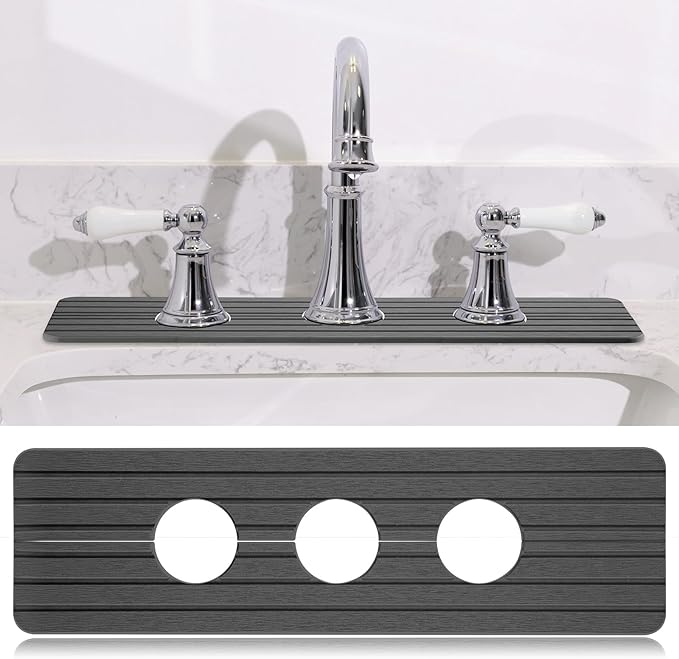 Teenyyou 3 Hole Gray Faucet Mat for Kitchen Sink 16.1" x 5" Kitchen Faucet Absorbent Mat Diatomite Splash Guard for Sink Quick Drying Stone Drip Catcher for Bathroom Counter