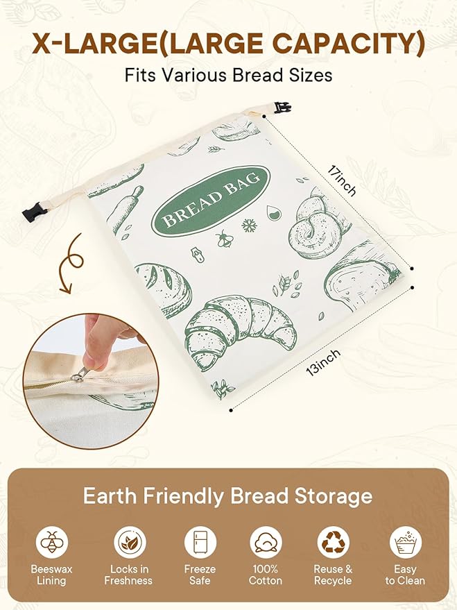 2 Pack Zippered Beeswax Bread Bags - 17×13 Inch Large Reusable Cotton Lined Bags Freezer Safe for Bread, Sourdough & Baguette Kitchen Baking Supplies