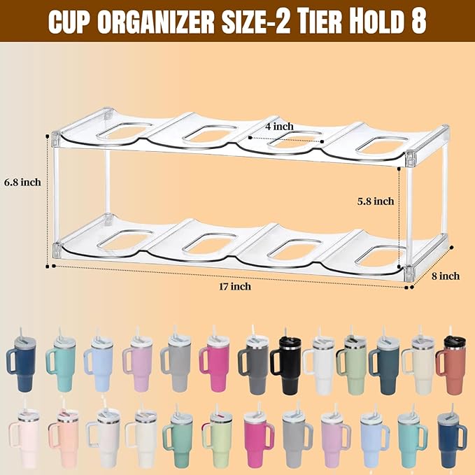 Water Bottle Organizer for Stanley 40 OZ Tumbler Cup Accessories, Clear Stackable Bottle Holder Wine Rack for Cabinet Countertop Kitchen Home Pantry Shelf Storage, 2 Tier Hold 8 Bottles