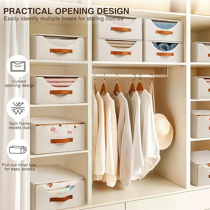 Large Closet Storage Bins with Drawer, Fabric Bins for Organization, Collapsible Storage Drawers Organizer for Bedroom, Living Room, 8 Pack, Beige