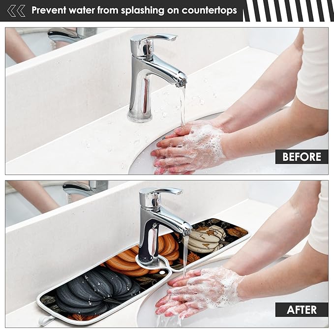2 PCS Kitchen Sink Splash Guard 14.9 Inch Faucet Mat for Kitchen Sink Bathroom Sink Faucet Absorbing Drip Drain Mat Pad Microfiber Soft Washable Black Autumn Pumpkins Flowers Maples