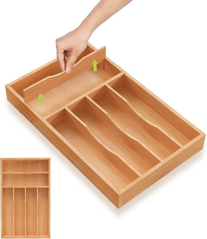 Bamboo Utensil Drawer Organizer with Removable Dividers, Kitchen Organizer for Flatware Cutlery, Silverware Tray for Drawer (6/5 Flexible Slots, Natural)