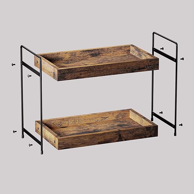 mahueeol 2 Tier Bathroom Counter Organizer Wood Bathroom Storage Shelf Spice Rack for Kitchen Countertop Vanity Tray Makeup Storage Coffee Station Organizer-Rustic Brown