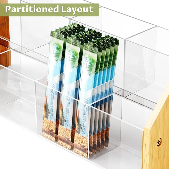 NiHome 2-Tier 8 Compartments Drink Packet Organizer, Bamboo and Clear Acrylic Storage Rack for Tea Bags, Sugar Packets, Flavor Mixes, Seasoning Sachets, Easy Access & Space-Saving Countertop Organizer