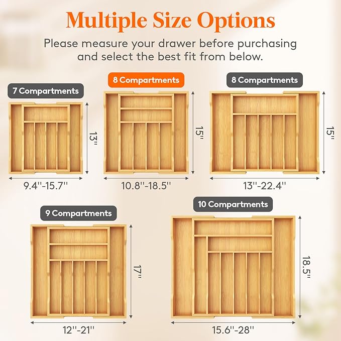 Lifewit Silverware Drawer Organizer, Expandable Utensil Tray for Kitchen, Bamboo Flatware and Cutlery Holder, Wood Adjustable Storage for Spoons Forks Knives, 28- 47 x 38cm, Natural