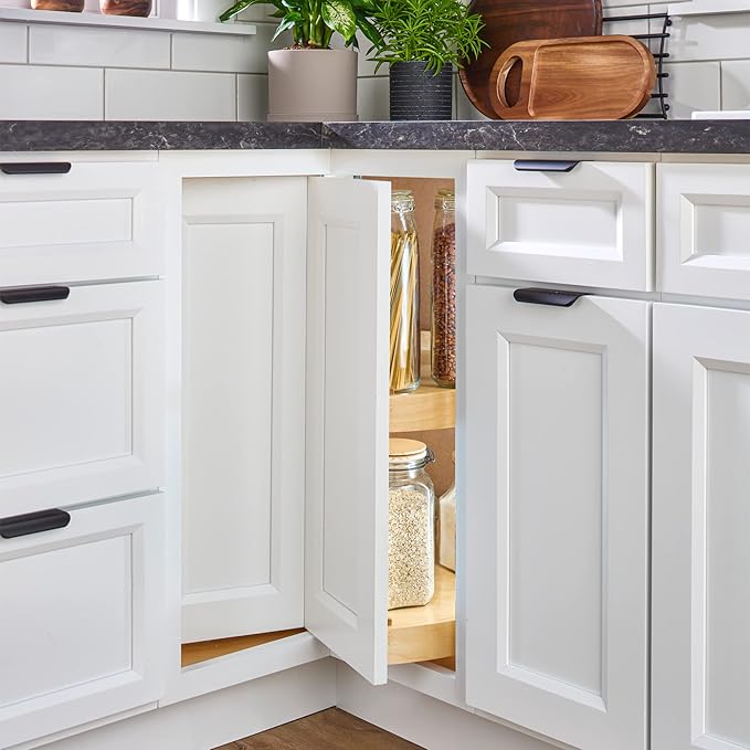 Rev-A-Shelf 28" Pie-Cut Lazy Susan Organizer for Base Corner Kitchen Cabinets, Banded Wood Home Storage 2-Shelves w/Telescoping Shaft, LD-4BW-942-28-1