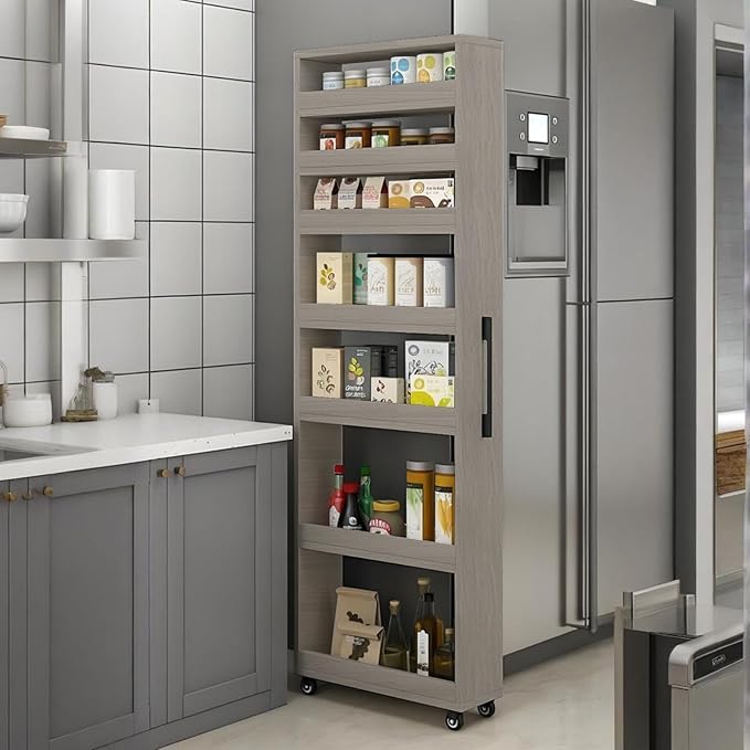 7 Tier Standing-Shelf with Wheels, 5.9/7.9/9.8'', Wooden Slim Storage Cart, Thickened Plate, Scratch-Resistant and Wear-Resistant, for Home, Kitchen, Bakers, Closet, Pantry, Dining Room