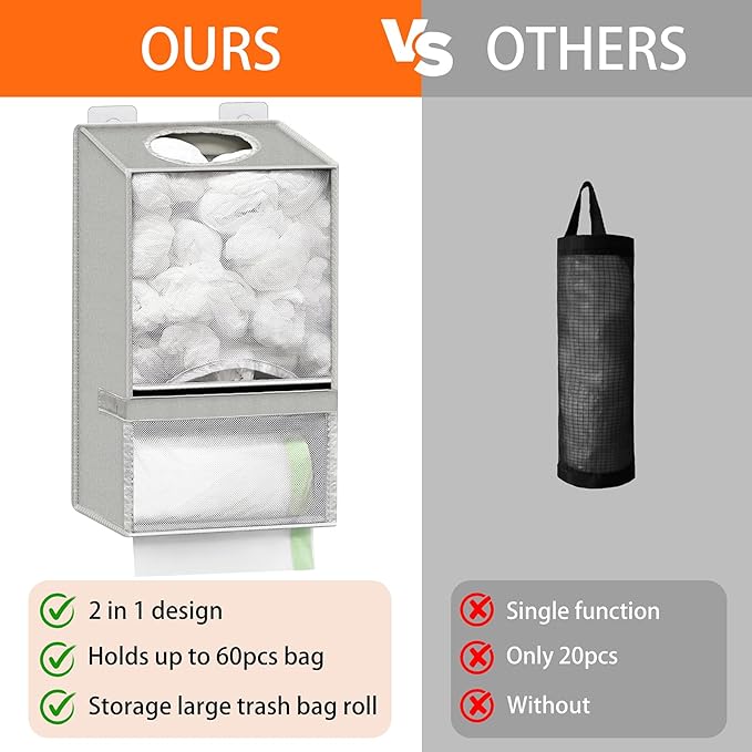 Wall Mount Plastic Bag Holder - Large Oxford Cloth Grocery Bag Holder, 2-in-1 Plastic Bags Organizer with Trash Roll Dispenser for Home Kitchen Closet Cabinets Sink, Gray