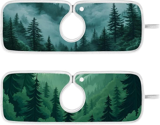 2 PCS Kitchen Sink Splash Guard 14.9 Inch Faucet Mat for Kitchen Sink Bathroom Sink Faucet Absorbing Drip Drain Mat Pad Microfiber Soft Washable Green Mountain Forest Trees