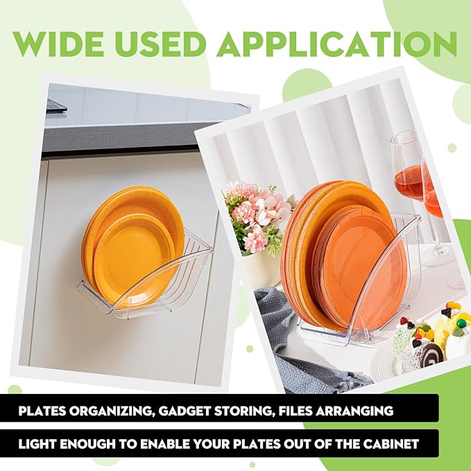 Ziliny 4 Pcs 10 Inch Paper Plate Holder Plastic Dinner Dish Drainer Paper Plate Dispenser Organizer for Kitchen Cabinets Storage Rack Dish Cradle for Countertop