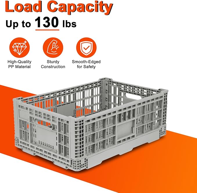 Shineyaplus Collapsible Milk Crate, 1 pck 52L(13GAL) Stackable Storage Bins, Heavy Duty Storage Crates, Plastic Crates for Grocery, Warehouse Organization - Extra Large, Holds 130 lbs Per Bin
