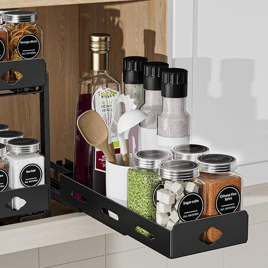 Pull Out Spice Rack Organizer for Cabinet, Heavy Duty Spice Organizer for Cabinet, Vertical Spice Rack for Kitchen, Cabinet, Pantry, Cupboard (4.2''Wx10.5''Dx2.8''H, Metal Black)