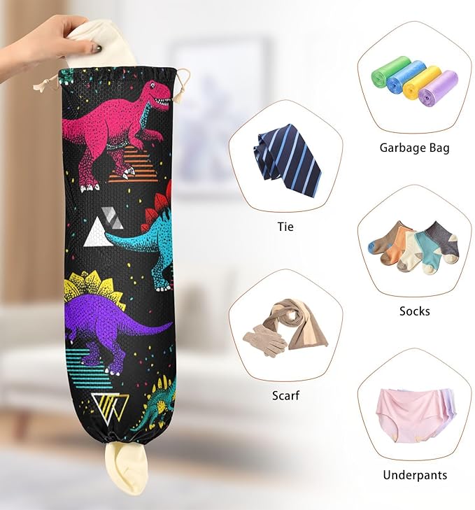 Plastic Bag Holder Wall Mount Grocery Bag Shopping Bag Storage Holder Organizer Dispenser with Adhesive Hook,for Kitchen Bathroom Home Decor 9x22 Inches Retro Memphis Geometry Dinosaurs22