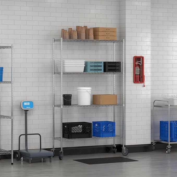 Commercial NSF Listed Chrome Mobile Wire Shelving Kit 14" x 48" x 80", with 4 Shelves Perfect for Warehouse, Walk-in Refrigerator, Freezer, Grocery Store, Restaurant, Dishroom