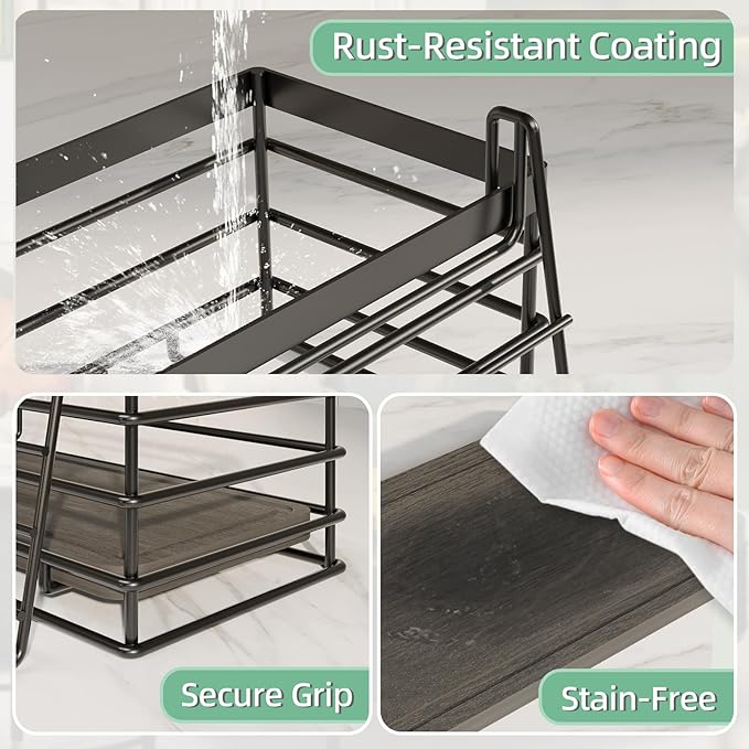 Sponge Holder for Kitchen Sink, Sink Caddy with Instant Drying Mat & Hook, Rustproof Waterproof Stainless Steel Kitchen Organizer, Soap Dispenser Storage (Black, 9.25"x3.7"x5.5")