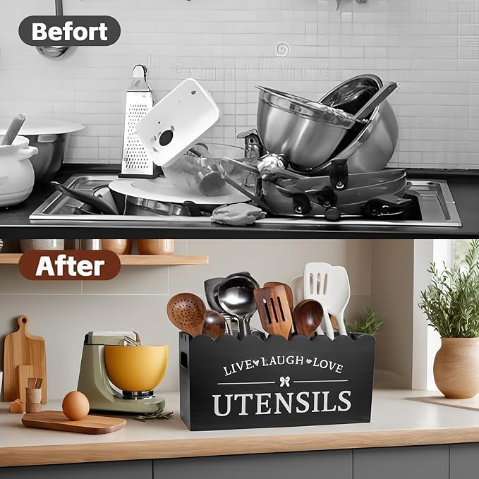 Extra Large Kitchen Utensil Holder – 4-Compartment Wooden Utensil Organizer for Kitchen Counter, Rustic Farmhouse Black Décor & Accessories, Cooking Utensil Storage（black）