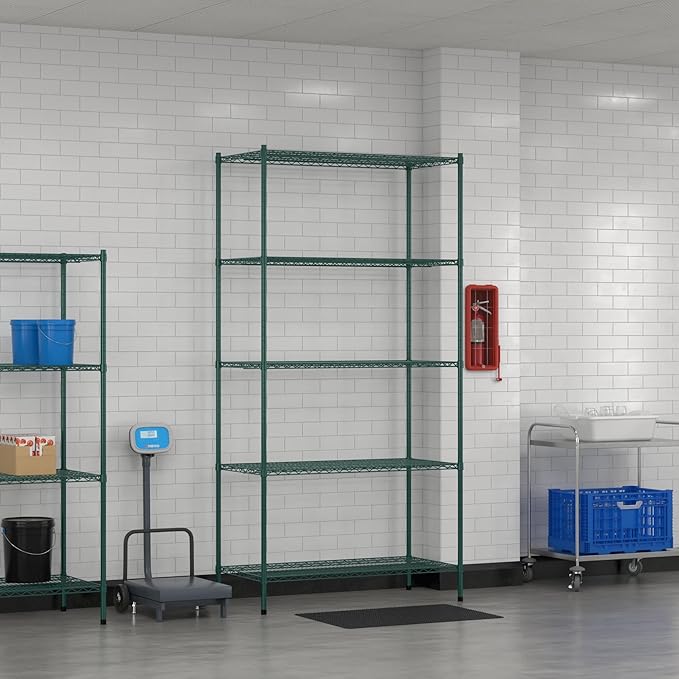 Commercial NSF Listed Green Epoxy Stationary Wire Shelving Kit 24" x 48" x 96", with 5 Shelves Perfect for Warehouse, Walk-in Refrigerator, Freezer, Grocery Store, Restaurant, Dishroom