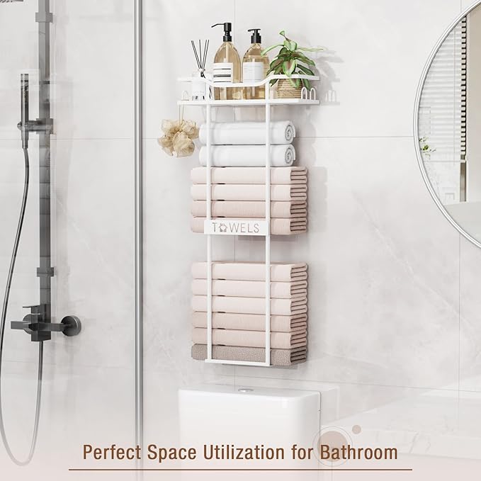 Towel Racks for Bathroom Wall Mounted Towel Storage Organizer Wall Towel Rack for Rolled Towels White