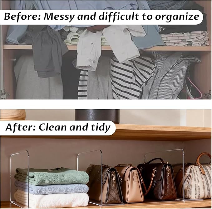 16 Pcs Shelf Dividers for Closet Organization, 10" Tall x 12" Deep Acrylic Shelf Clothes Separators Clear Closet Shelf Dividers Adjustable Sturdy Separate for Clothes Purse Book Hat and Handbag