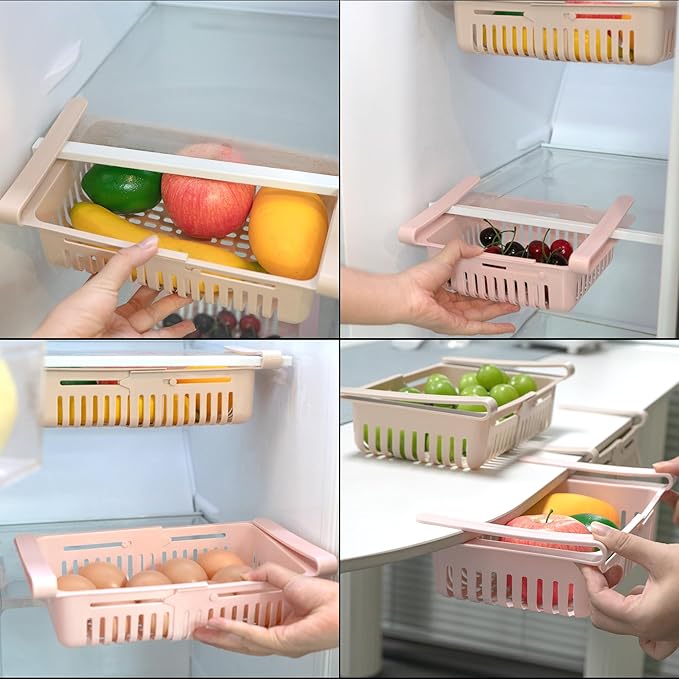 Refrigerator Drawer Organizer 2 Packs Retractable Drawer Storage Box, Unique Design Pull out Sliding Shelves Hanging Organizer (Pink Khaki)