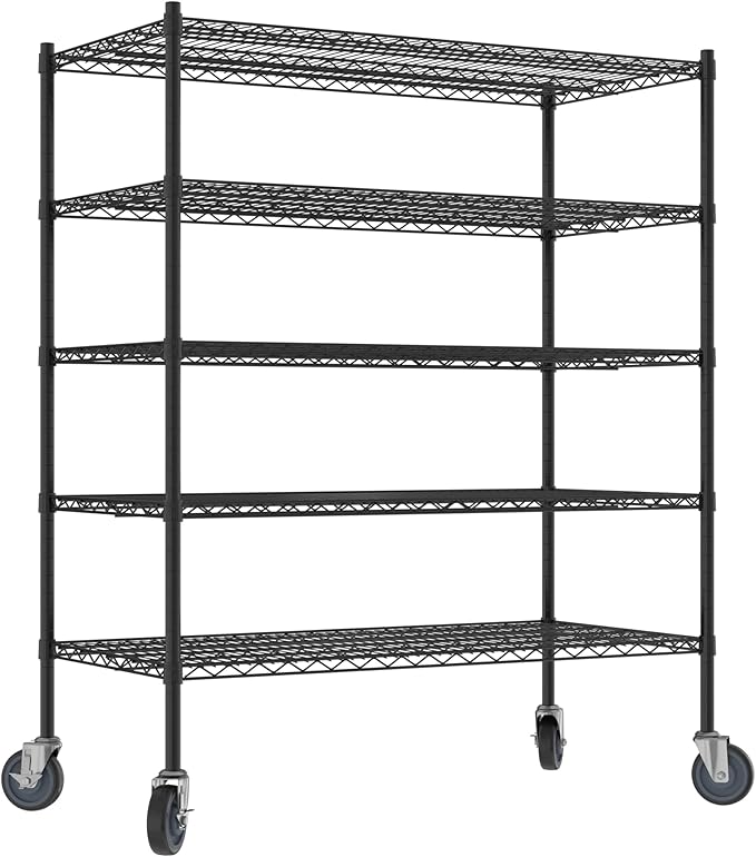 Commercial NSF Listed Black Epoxy Mobile Wire Shelving Kit 24" x 48" x 60", with 5 Shelves Perfect for Warehouse, Walk-in Refrigerator, Freezer, Grocery Store, Restaurant, Dishroom
