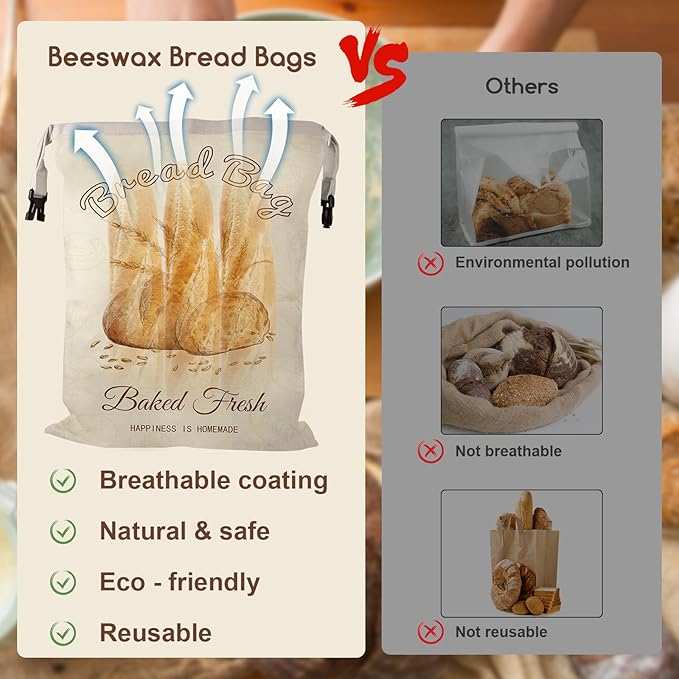 fufeisi Beeswax Bread Bags for Sourdough, 2 Pack Reusable Bread Bag for Storage XL 17x13 Inch, Large Linen Bags for Homemade Sourdough - Keep Fresh, Freezer Safe