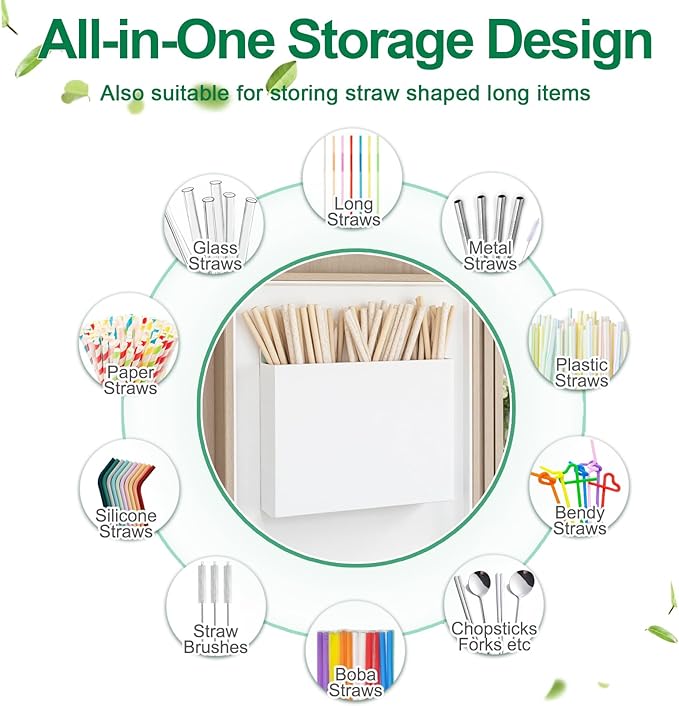 Acrylic Straw Holder for Cabinet Door, White Front Panel Straws Organizer with Adhesive or Magnetic Mount, Reusable Straw Storage Container for Kitchen, Cupboard, Bar Counter – 1 Pack