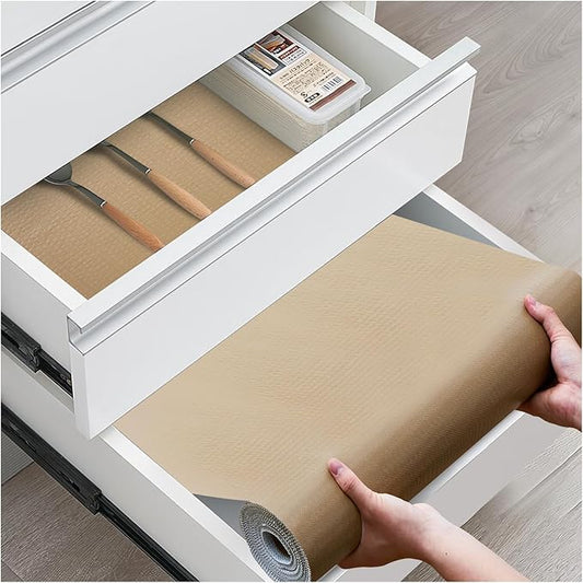 ALIUNI Drawer and Shelf Liner, Non-Slip Kitchen Cabinet Liners Non-Adhesive Thick Strong Grip Waterproof Washable Mats Protect Dresser Shelves Cupboard Bathroom Cabinets, Beige, 18 in X 10 FT