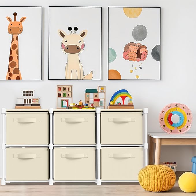 Thyle Large Cube Storage Organizer Shelf with 6 Bins 14 Inch Fabric Collapsible Cubby Storage Drawers Shelving Unit for Christmas Ornaments Clothes Toys Craft(Beige,Minimalist)