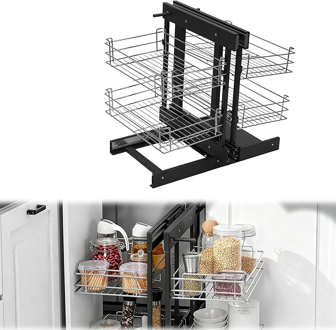 Blind Corner Cabinet Pull Out Home Kitchen Slide Out Storage Organizer Corner Pull-Out Basket Widen Cabinet Organizer Double-Layer Bowls Storage Shelf