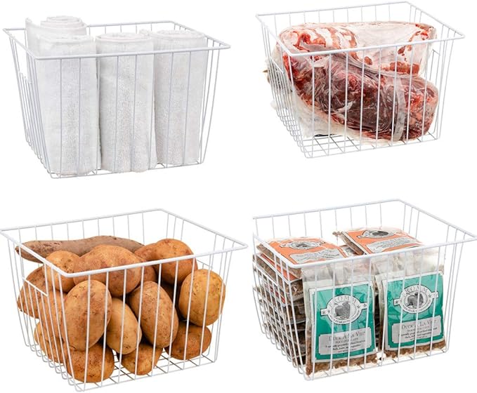Y.Z.Bros Freezer Wire Baskets, Kitchen Storage Organizer Bins for Chest and Upright Freezer, Refrigerator Dividers Containers with Handles - Pearl White (3)