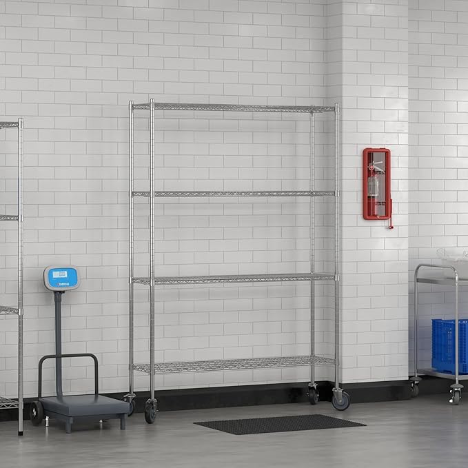 Commercial NSF Listed Chrome Mobile Wire Shelving Kit 14" x 54" x 80", with 4 Shelves Perfect for Warehouse, Walk-in Refrigerator, Freezer, Grocery Store, Restaurant, Dishroom