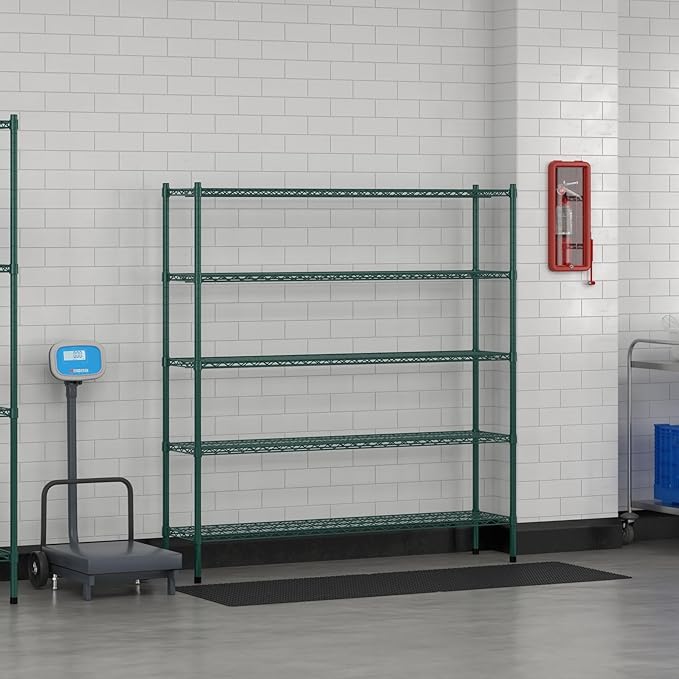 Commercial NSF Listed Green Epoxy Stationary Wire Shelving Kit 14" x 60" x 64", with 5 Shelves Perfect for Warehouse, Walk-in Refrigerator, Freezer, Grocery Store, Restaurant, Dishroom