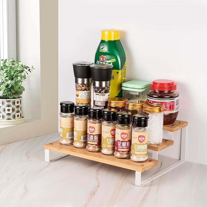 Lonian 3 Tier Spice Rack Organizer, Countertop Step Shelf Spice Storage Holder for Kitchen Cabinet Cupboard Pantry, Metal, Black